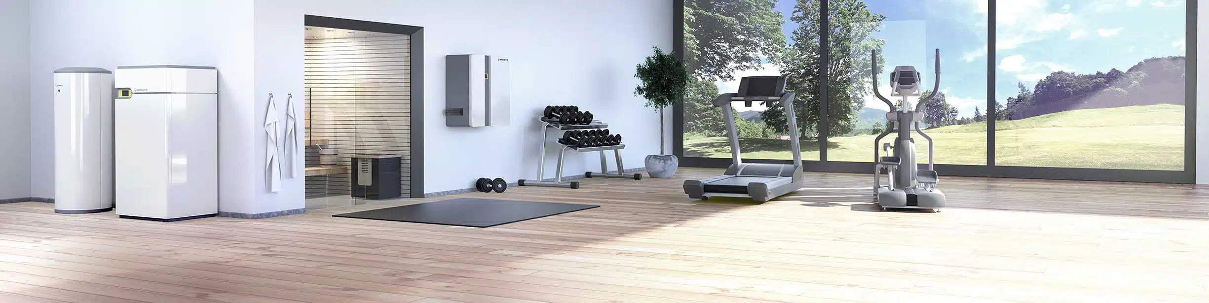 Pièce à vivre lumineuse avec sauna et appareils de fitness, ainsi qu'une pompe à chaleur Waterkotte avec accumulateur