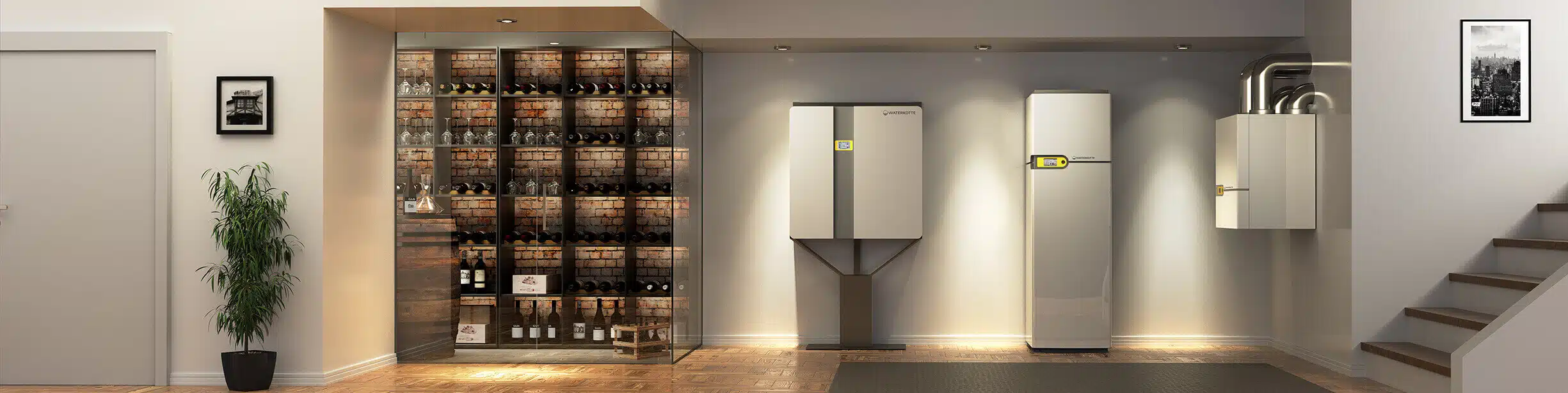 Cave équipée d'une armoire à vin vitrée, avec, à côté, une pompe à chaleur Waterkotte murale et une autre au sol